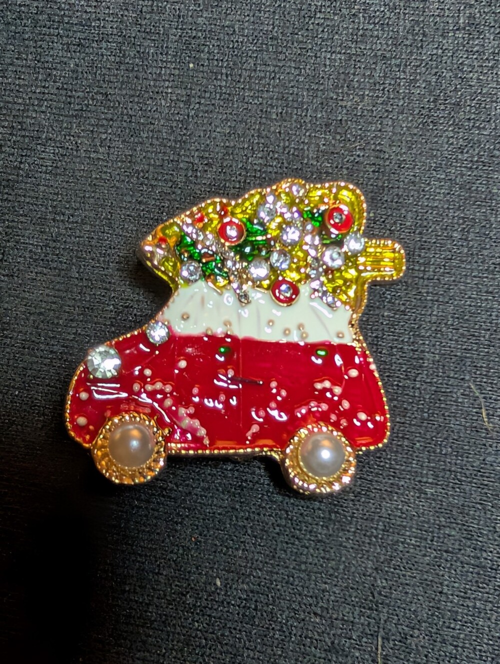 Festive Red Holiday Car Brooch - Sparkle Accent